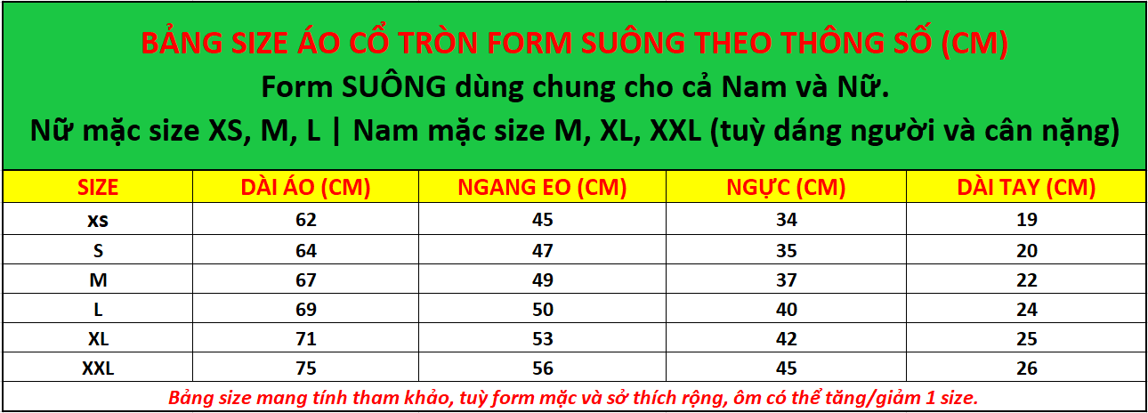 BẢNG SIZE ÁO CỔ TRÒN FORM SUÔNG THEO THÔNG SỐ CM
